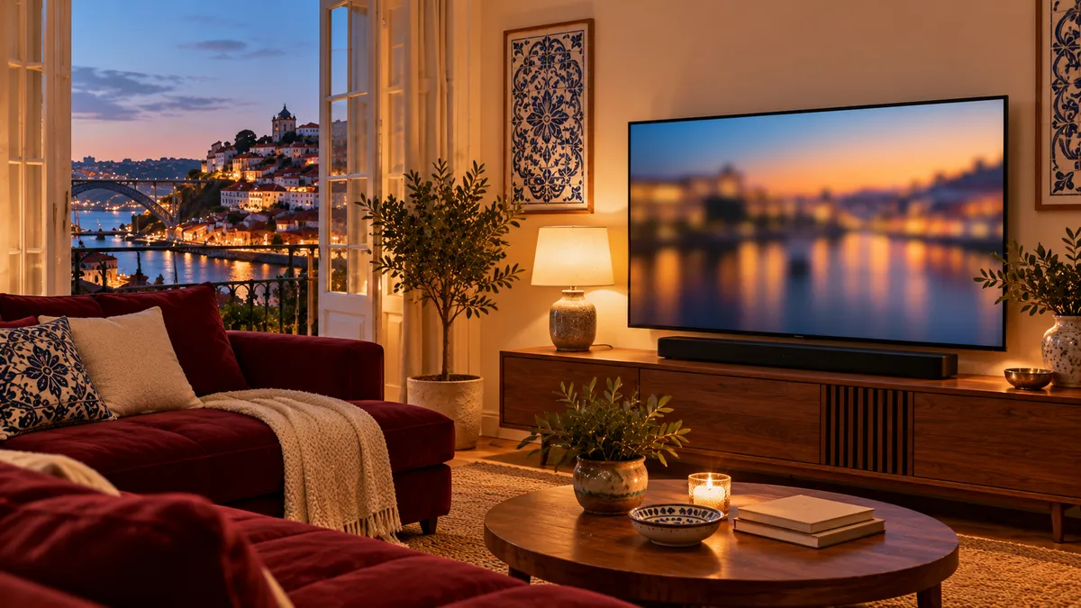 Sala portuguesa ao fim do dia com sofá cor de vinho, azulejos e uma televisão ligada