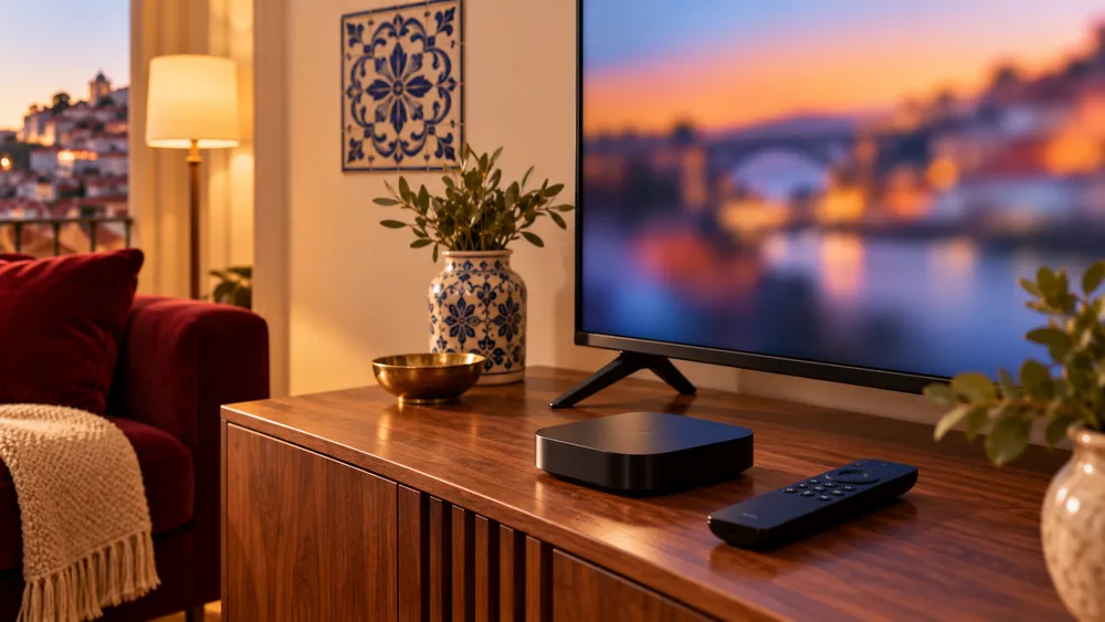 Box e telecomando sobre um móvel de madeira, com uma televisão desfocada ao fundo